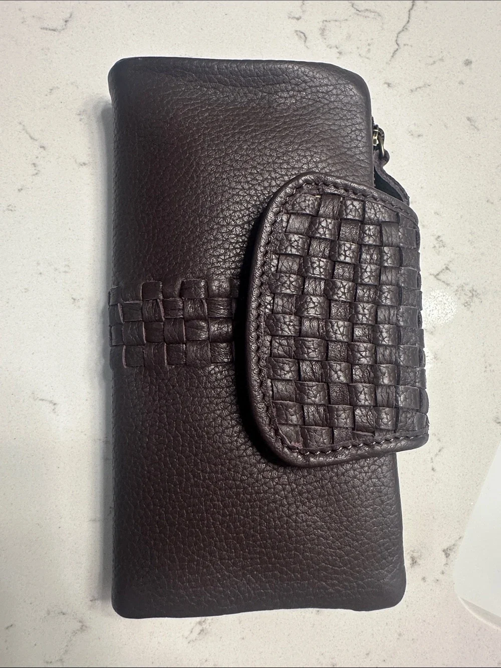 Woven Detail Brown Leather Wallet